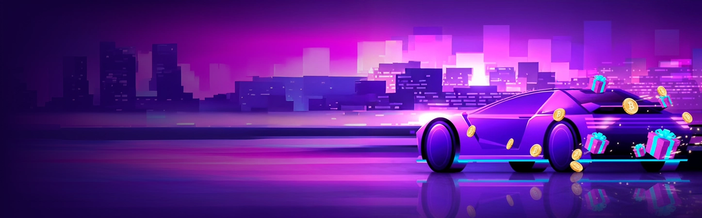 Paarse sportwagen met munten en cadeaus op een neon stadsachtergrond, promotievisual van 0xBet